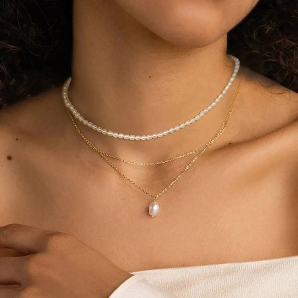 Collier Perles Trois Couches – Chaîne Perlée Inox 304 Perles d’Eau Douce