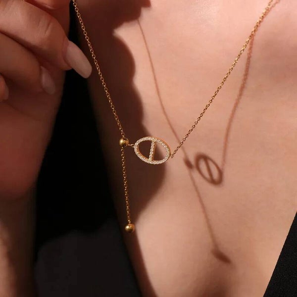 Collier Ras de Cou Ajustable Doré  Ellipse Scintillante Acier Inoxydable & Strass - Femme