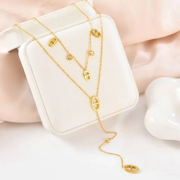 Collier Sautoir Y Doré Double Chaîne Zircons Maillons Ovales Acier Inox 46cm