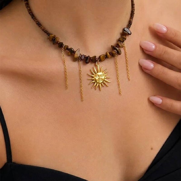 Collier Soleil à Visage et Œil du Tigre Chips - Pendentif Soleil Doré - Acier Inoxydable - Collier Bohème Protection