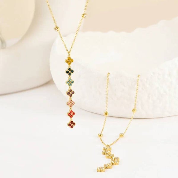 Collier Trèfle 4 Feuilles Rainbow Lariat Y - Acier Inox 304 Doré