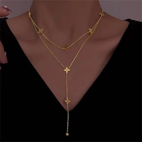 Collier Y Trèfle 4 Feuilles Doré Double Rang  Acier Inox 304 Porte-Bonheur Femme