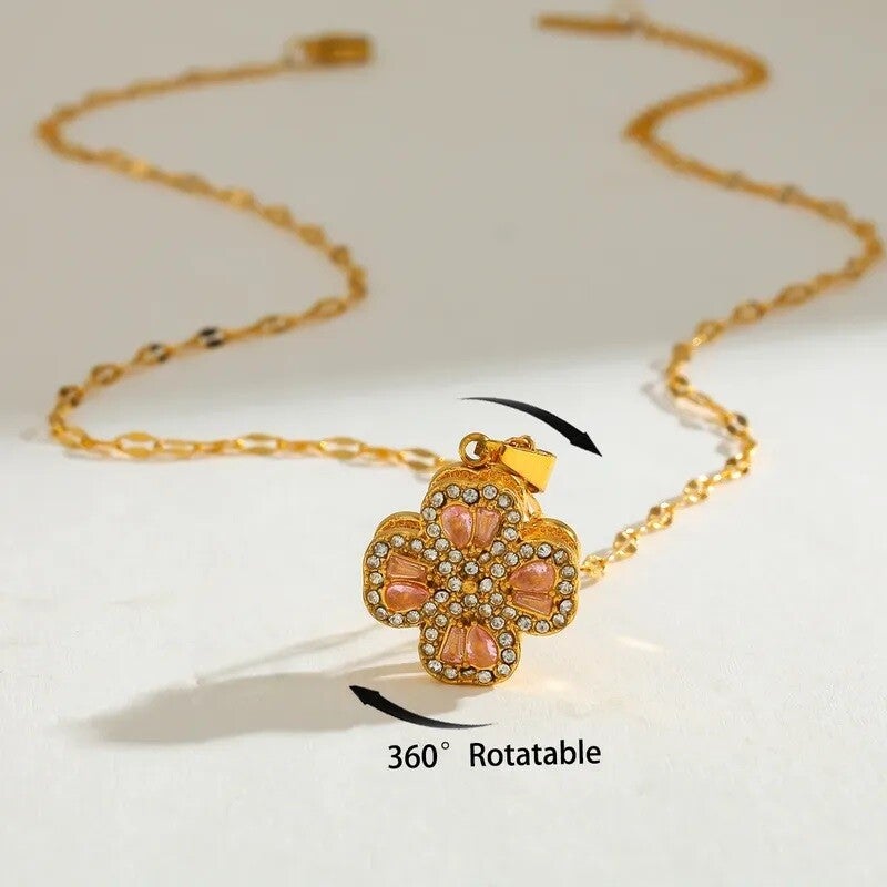 Collier Pendentif Trèfle Tournante Zirconium 360° Acier Inoxydable Doré
