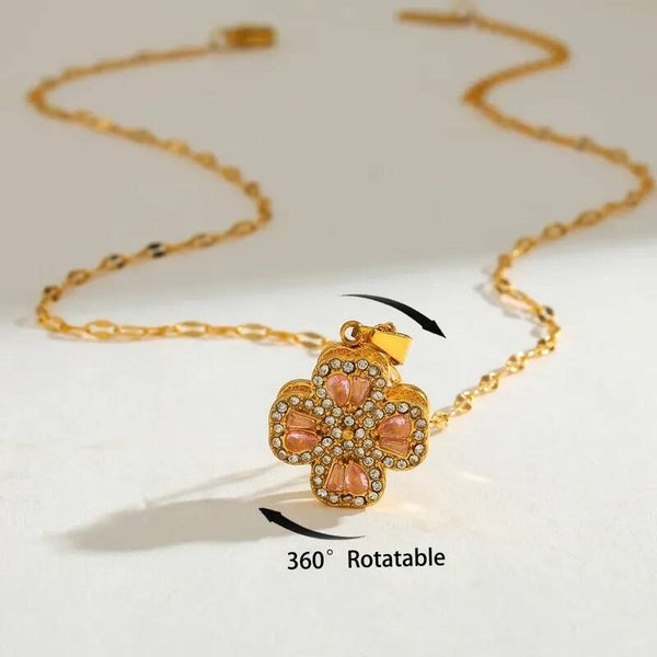 Collier Pendentif Trèfle Tournante Zirconium 360° Acier Inoxydable Doré