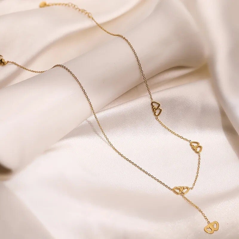 Collier Y Double Cœur Entrelacé Doré Acier Inoxydable 304  Bijou Amour Vanbijoux