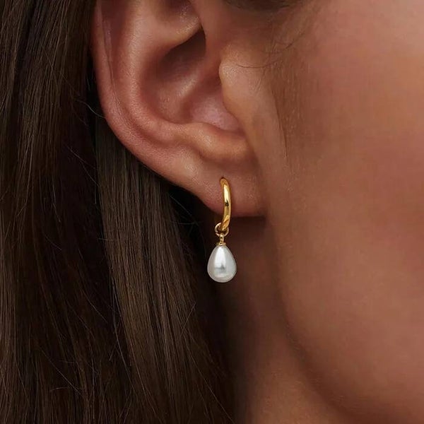 Créoles Perle Pendante Dorées Acier Inox 304 & Perle d’Eau Douce Artificielle