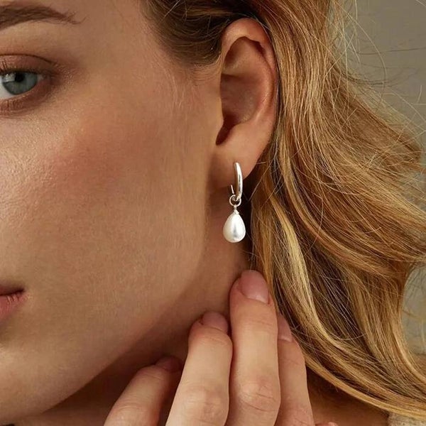 Créoles Perle Pendante Argentées  Acier Inox 304 & Perle d’Eau Douce Artificielle