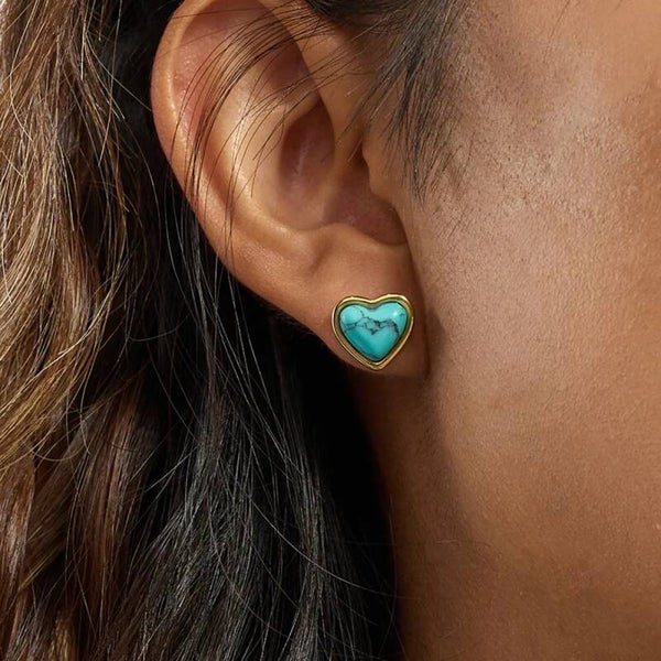 Boucles d’Oreilles Créoles Cœur Turquoise – Acier Inoxydable Doré