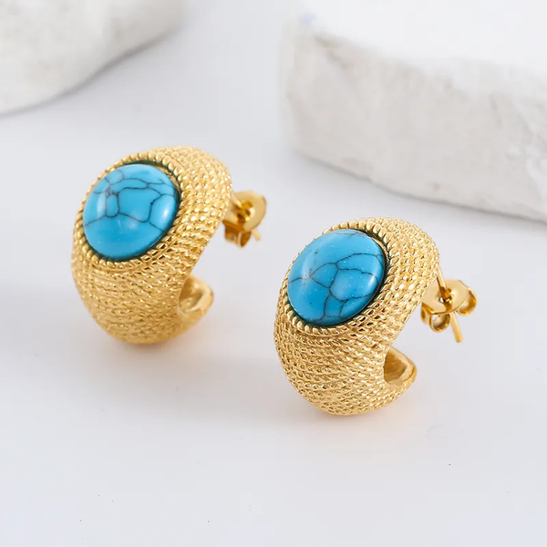 Boucles d’oreilles en forme de C avec pierre turquoise | Acier inoxydable 304 doré