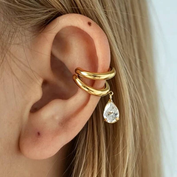 Ear Cuff Clip Boucle d'Oreille Sans Perçage - Acier Inoxydable 304 Plaqué Or 18K - Goutte Zircon - Vendu à l'unité
