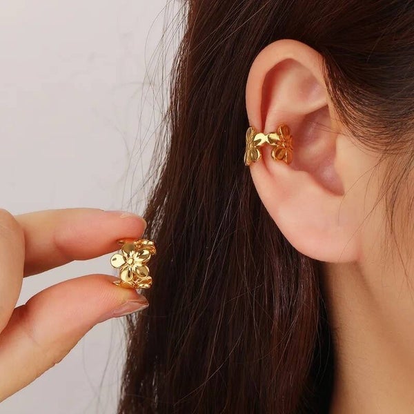 BLOOM - Earcuff Fleur Acier Inoxydable Doré - Manchette d'Oreille Sans Percage