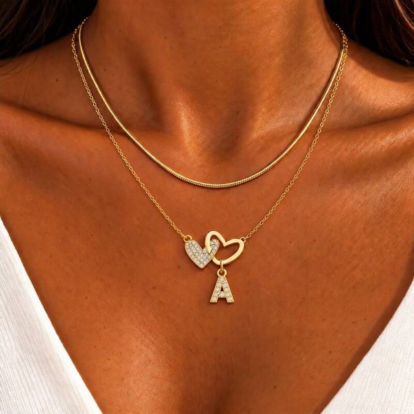 Collier Double Cœur Initiale  – Acier Inoxydable 304 Doré