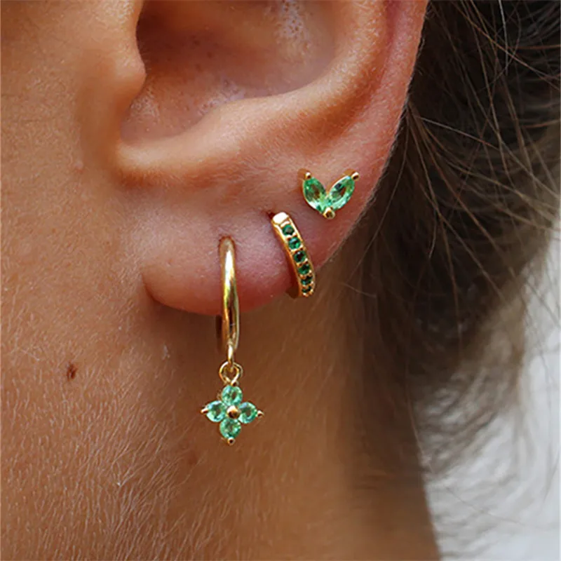 Set de 3 boucles d’oreilles dorées | Trèfle & Cristal zircon vert | Acier inoxydable 304 | vanbijoux