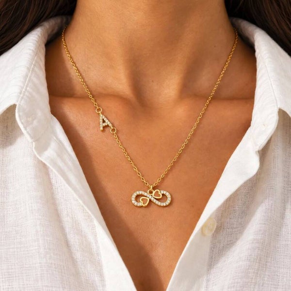 Collier Lettre Personnalisée Infini Amour - Initiale A à Z avec Cœurs Zircon Acier Inoxydable 304 Doré | Van Bijoux