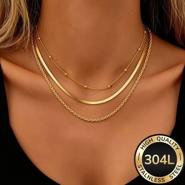 Lot de 3 Colliers Superposés Femme - Chaîne Serpent, Billes et Torsade Acier Inoxydable 304