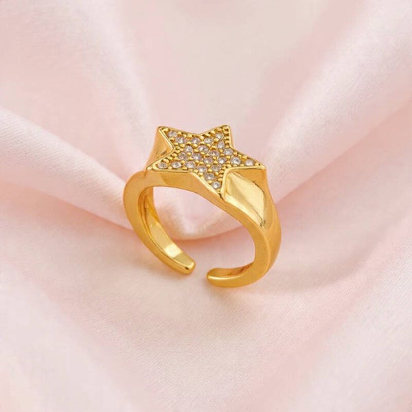 Bague Ajustable "Étoile Scintillante" en Acier Inoxydable Doré Pavée de Strass