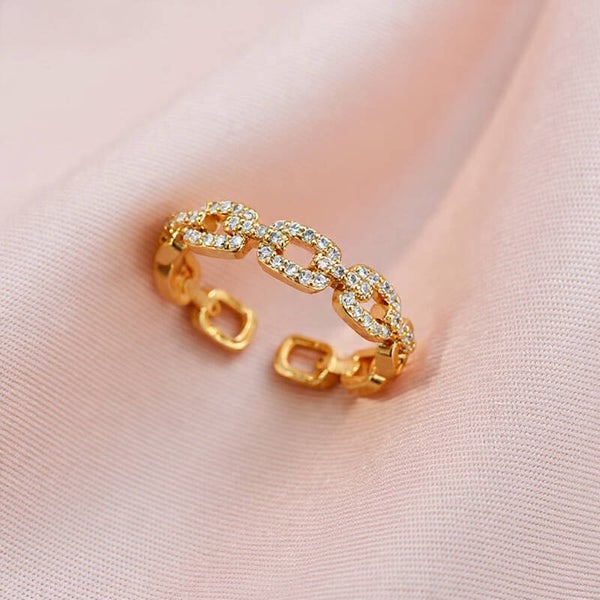 Bague Ajustable "Maillons Brillants" en Acier Inoxydable Doré Pavée de Zircons