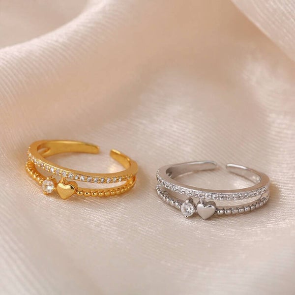 Bague Ajustable "Cœur Scintillant" Double Rang en Acier Inoxydable (Doré ou Argenté)