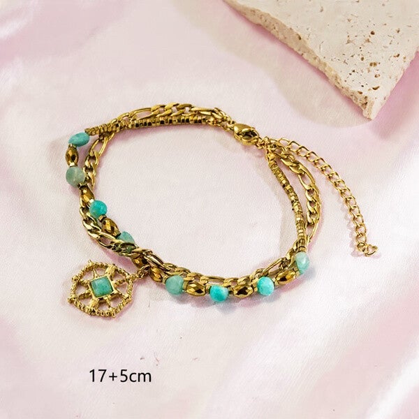 Bracelet Doré Double Chaîne & Perles Bleu – Pendentif Rond