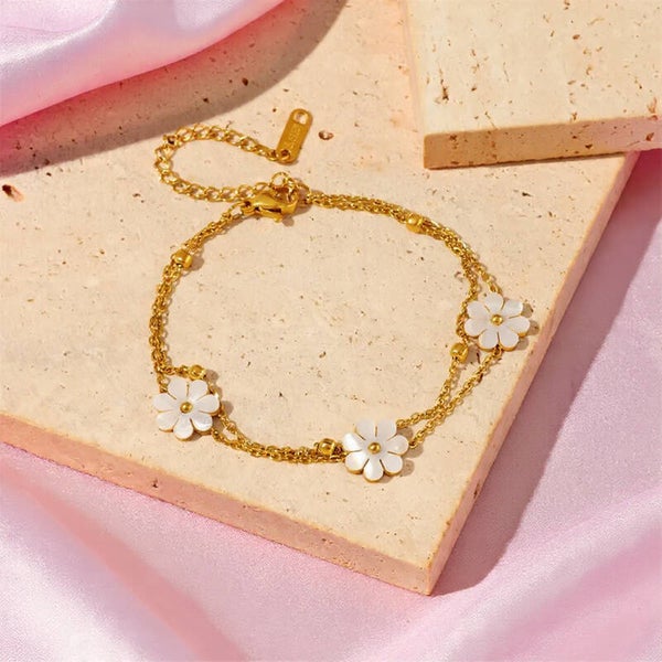 🌸 Bracelet Femme Chaîne Boule Double Fleur Chrysanthème – Acier au Titane Doré & Nacre Blanche | Vanbijoux