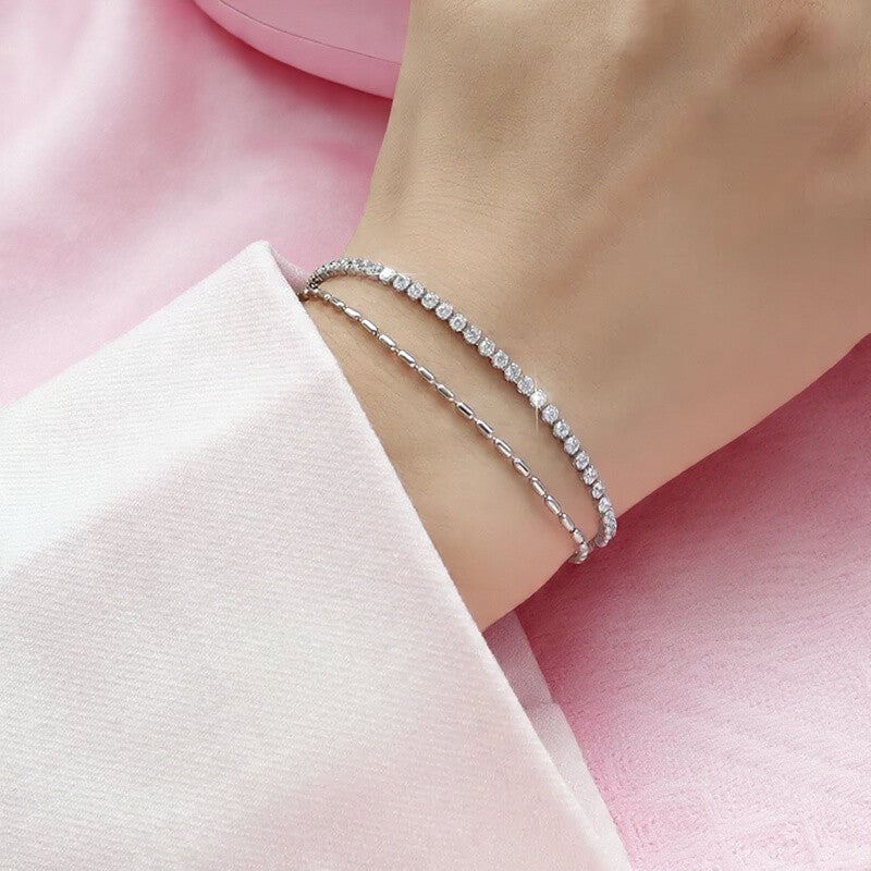 Bracelet Duo « Élise » – Acier inoxydable argenté & zirconium scintillant - vanbijoux