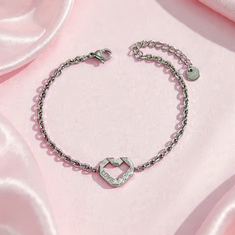 Bracelet LOVE pendentif cœur strass - acier inoxydable argenté - vanbijoux