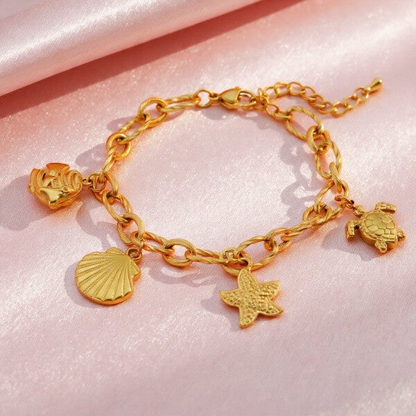 Bracelet Multi-breloques Tortue Étoile de Mer Coquille Acier Inoxydable 304 Doré | 17 cm + 4 cm | vanbijoux