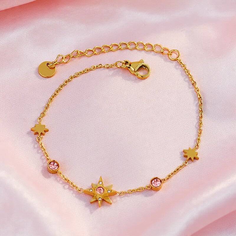 ✨ Bracelet doré pendentif étoile strass rose – Acier inoxydable ✨
