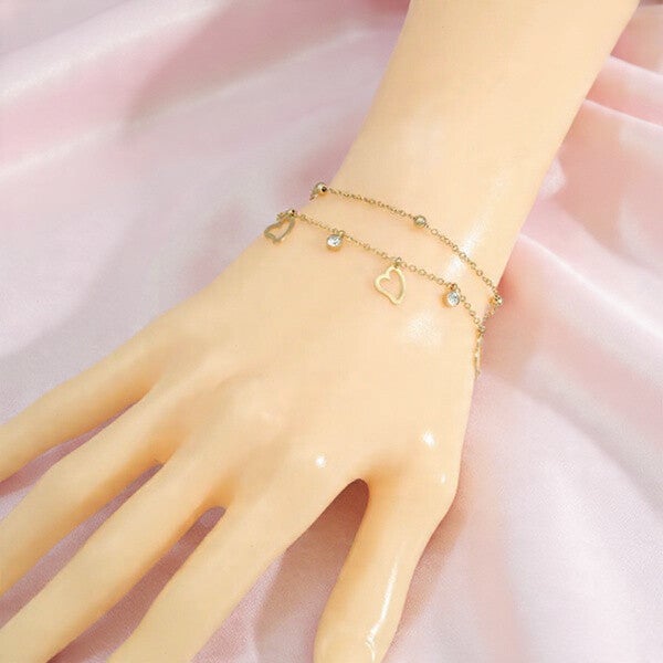 💖 Bracelet Double Cœur Éclatant – Acier Inoxydable 304 Doré | Pampille Cœur & Strass Brillant | Élégance Féminine |