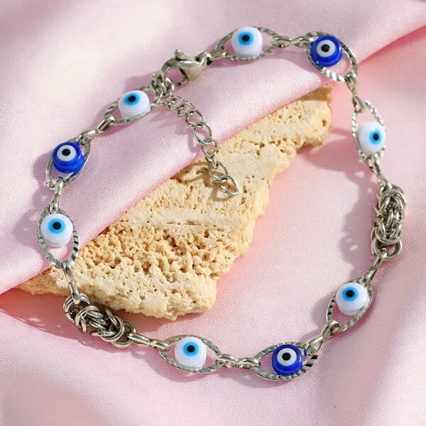Bracelet Œil Bleu & Blanc | Acier Inoxydable Argenté Un bijou porte-bonheur au design raffiné | vanbijoux