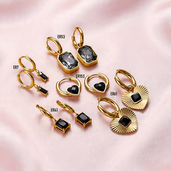 Boucles d’oreilles géométriques rétro dorées pour femme – Cœur en zircon noir en acier inoxydable 304