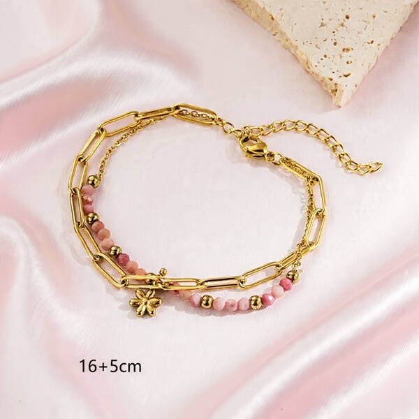 Bracelet Doré Double Chaîne & Perles Roses – Pendentif Fleur