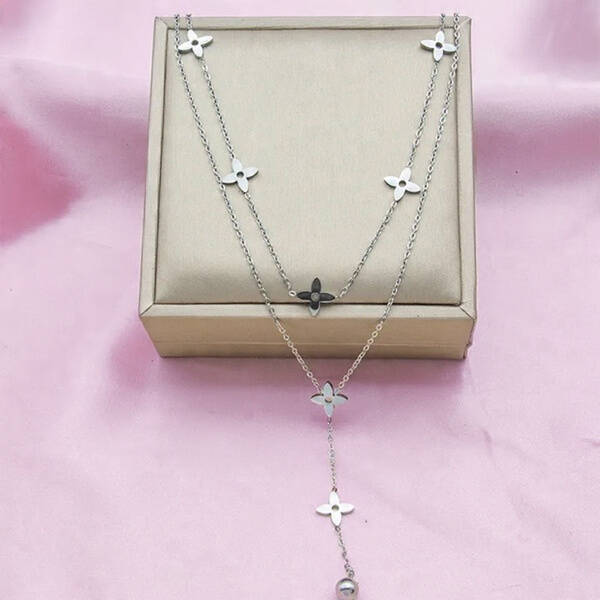 Collier Double Rang en Y | Trèfle à Quatre Feuilles | acier inoxydable 304 argenté | vanbijoux