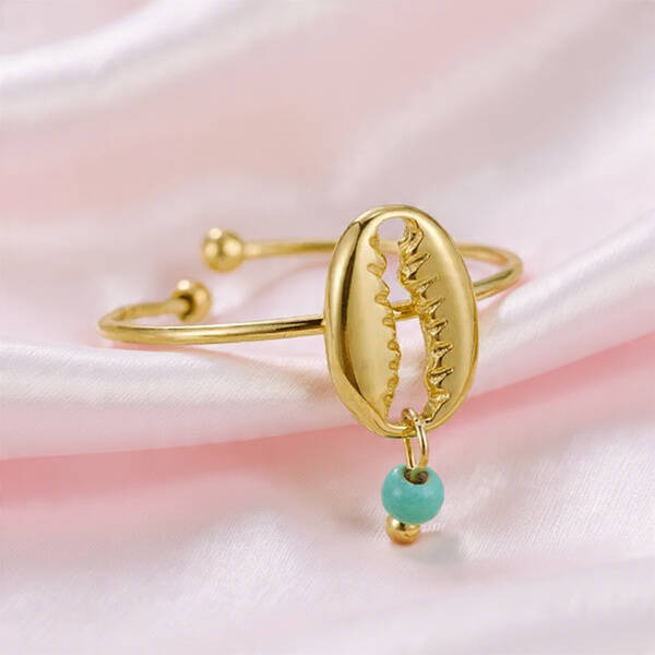 Bague Vintage Coquillage & Perle bleu – Acier Inoxydable Doré