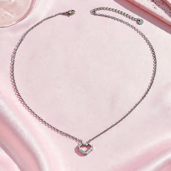 Collier LOVE pendentif cœur strass - acier inoxydable argenté - vanbijoux