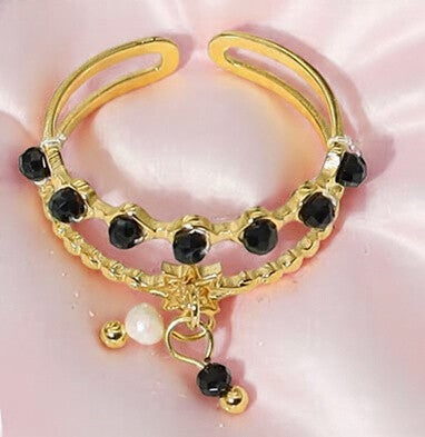 Bague Élégante Style IG | Pentacle Cercle en Acier Inoxydable doré & Pierre Naturelle noir grelot | vanbijoux