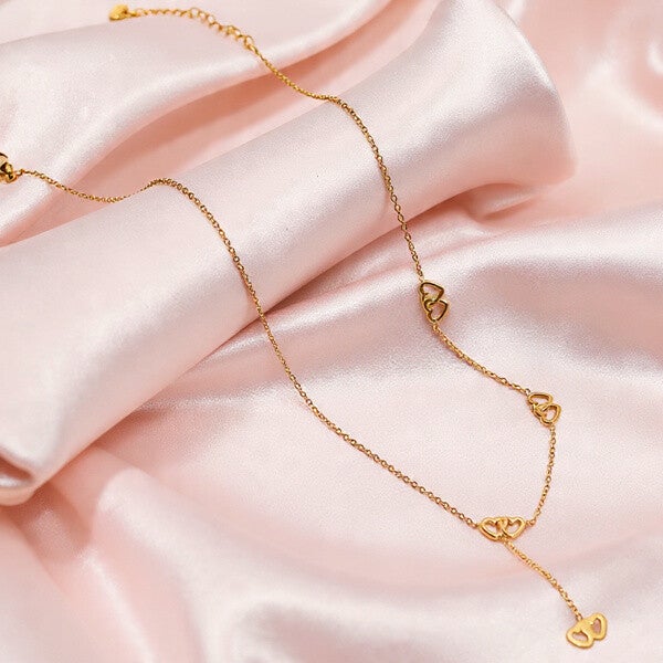 Collier Y Double Cœur Entrelacé | Acier Inoxydable 304 Doré | vanbijoux