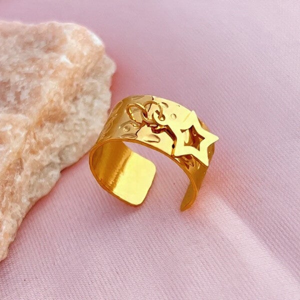 Bague Large Ajustable Dorée avec Pampille Étoile – Acier Inoxydable 304, Bijoux Tendance 2025