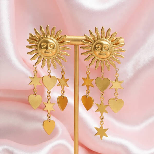 🌞Boucles d’Oreilles Femme Soleil, Cœur et Étoile – Chaînette Dorée – Acier Inoxydable 304 – Bijoux Tendance Résistant à l’Eau