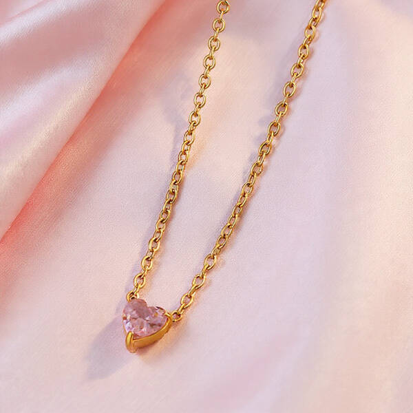 Collier Femme 39,5 + 4,9 cm – Acier Inoxydable Doré avec Pendentif  Cœur en Zircon Rose | vanbijoux