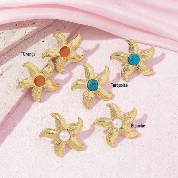 Boucles d’Oreilles Stella - Étoile de Mer Dorée & Pierre Naturelle Fantaisie | acier inoxydable doré | vanbijoux