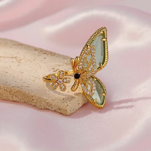 Bague Ajustable en Acier Inoxydable Doré – Papillon et Fleur Strass