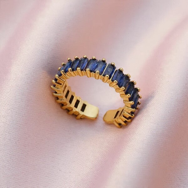 Bague Ajustable en Acier Inoxydable Doré – Zircon Bleu Rectangulaire