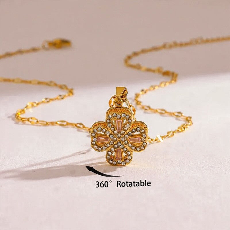 Collier Pendentif Trèfle Tournante Zirconium 360° Rose Acier Inoxydable Doré
