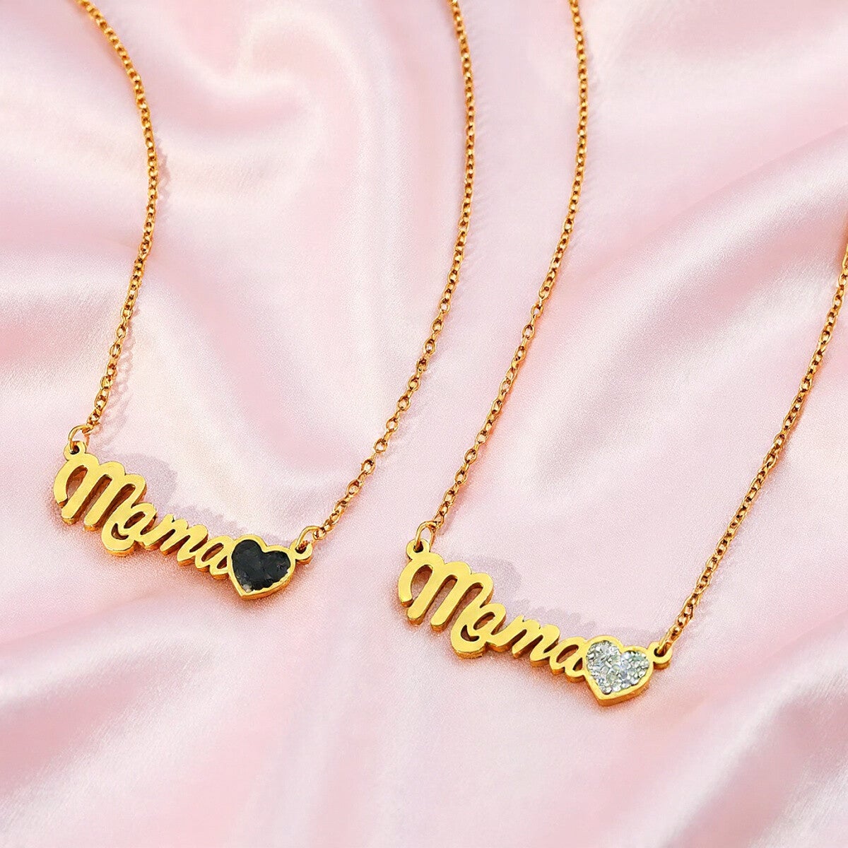 Collier Acier Inoxydable Doré 44+5 cm – Pendentif Maman Cœur Strass