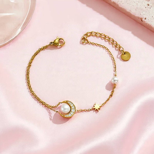 🌙 Bracelet "Luna & Étoile" | Perle Imitation, Lune Strassée & Étoile Dorée | Chaîne Fine en Acier Inoxydable doré | vanbijoux
