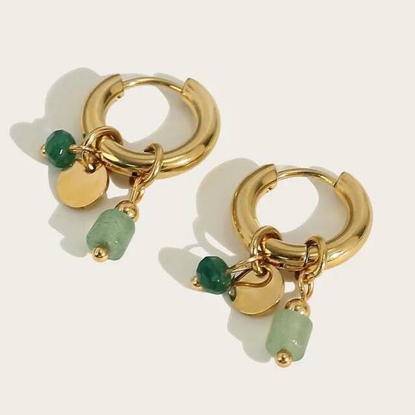 Mini Créoles Dorées Aventurine Verte – Pierre Naturelle Acier Inox