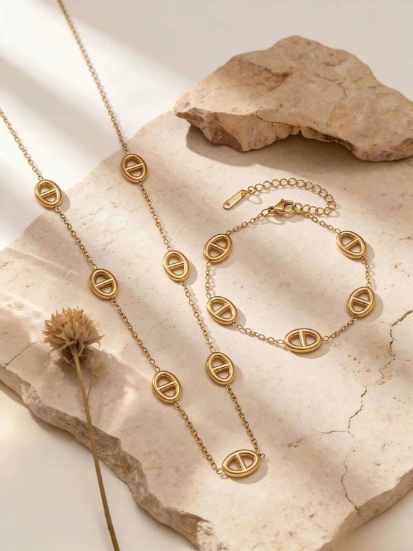 ANCRE - Ensemble Collier et Bracelet Maille Marine Doré Acier Titane / Acier Inoxydable