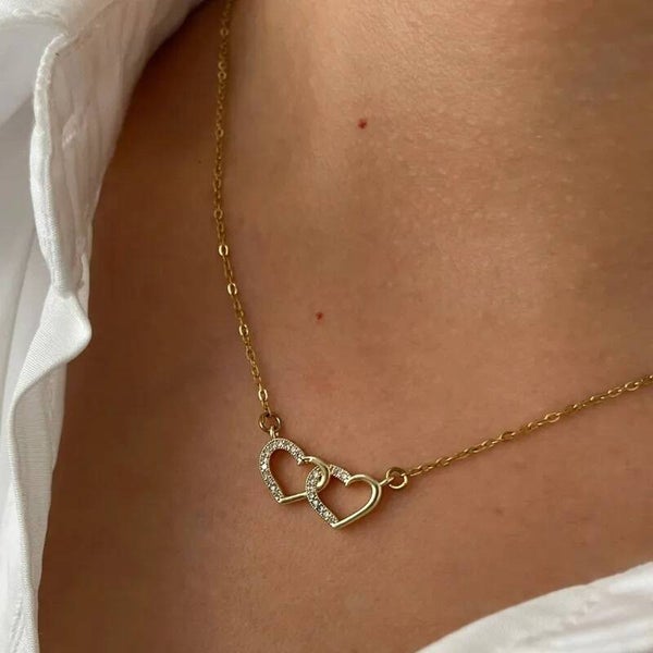 Collier Double Cœur Doré  Acier inoxydable 316L– L’élégance qui brille deux fois plus