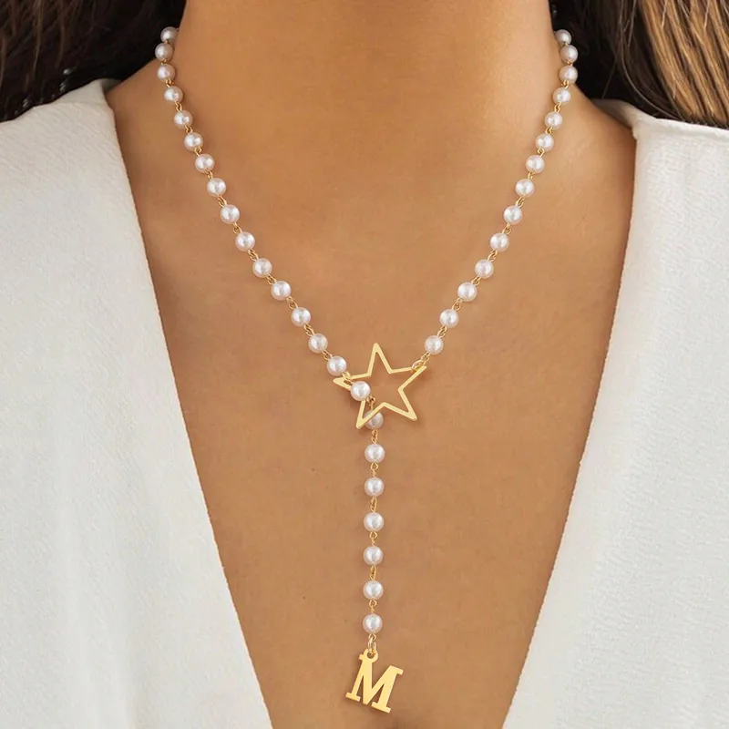 Collier Y Doré – Style Élégant, Simple et Classique – Pentacle & Lettre – Acier Inoxydable 304 & Perle Artificielle